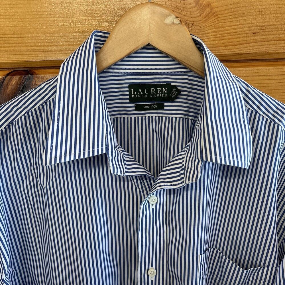 Lauren Ralph Lauren Blue Striped Dress VTG Preppy Shirt Long Sleeve Mens 17.5
